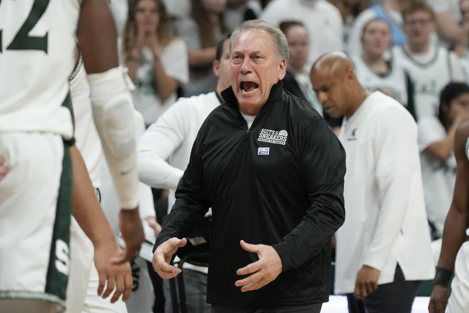 Michigan State head coach Tom Izzo yells at center Mady Sissoko during the second half of an NCAA college basketball game against Iowa, Thursday, Jan. 26, 2023, in East Lansing, Mich. (AP Photo/Carlos Osorio)