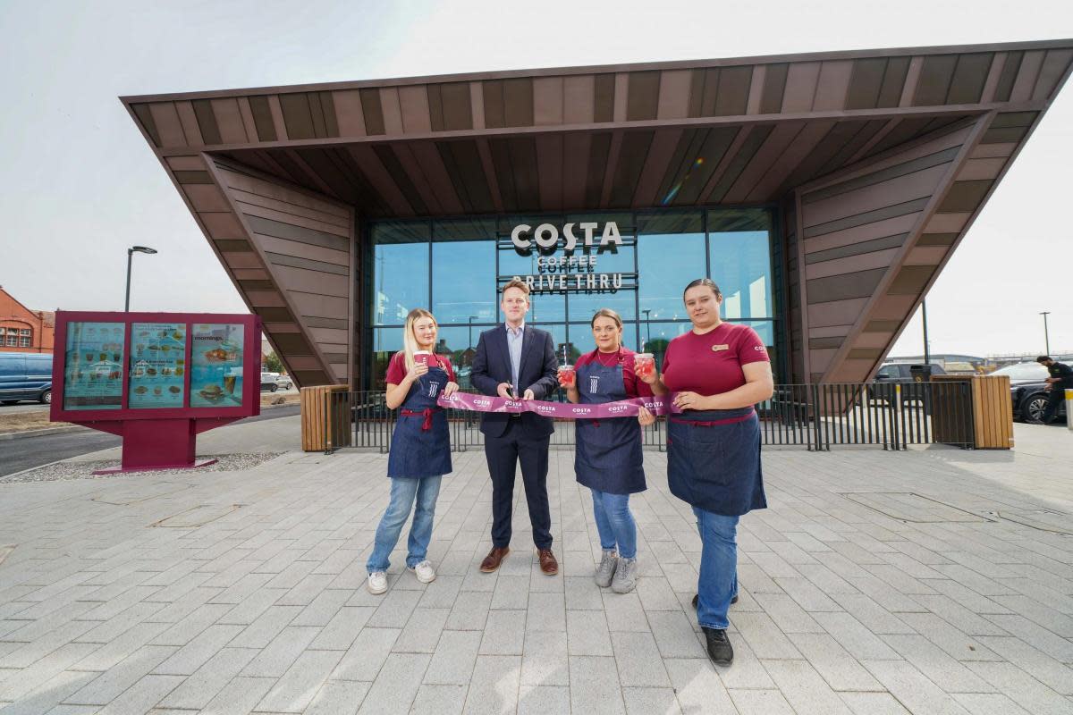 Councillor Nathan Pardoe with staff members Charlotte, Steph and Alex at the opening of Winsford's new Costa Coffee <i>(Image: Costa Coffee)</i>