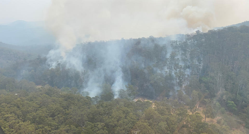 An aerial shot of a bushfire burning in Deua River Valley.