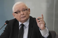 Poland's main opposition leader, Jaroslaw Kaczynski is questioned by a parliamentary commission at the parliament building, in Warsaw, Poland, Friday, March 15, 2024. Kaczynski appeared before a special parliamentary committee Friday to testify about the purchase and allegedly illegal use of advanced spyware by a government headed by his Law and Justice Party. The NSO Group's Pegasus spyware was used to spy on mobile devices belonging to opponents of the party. Recent findings suggest it was also used to eavesdrop on some key members of the right-wing party, as well. (AP Photo/Czarek Sokolowski)