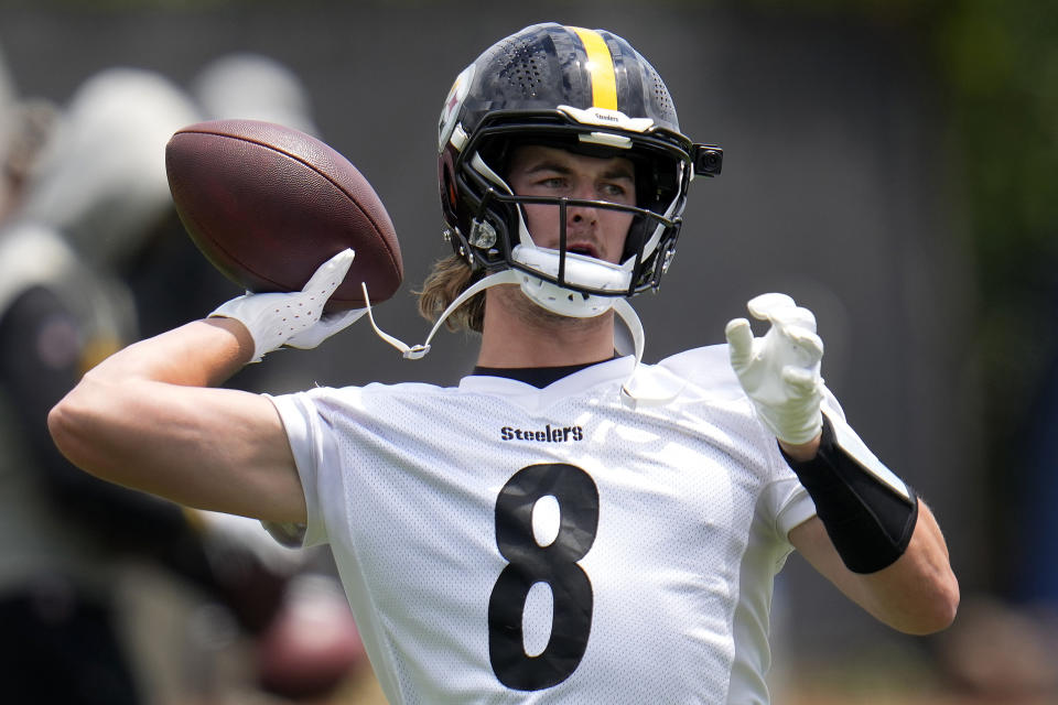 FILE - Pittsburgh Steelers quarterback Kenny Pickett participates in the football team's minicamp in Pittsburgh, Wednesday, June 14, 2023. Pickett's second minicamp in the NFL is a little different than his first. A year after running with the third string, Pickett is entrenched as the Steelers starting quarterback and eager to show the progress he made near the end of the 2022 season was just the beginning. (AP Photo/Gene J. Puskar/File)