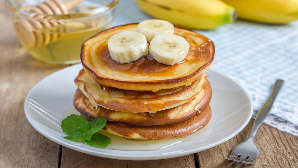 Plate of banana oat pancakes rich in viscous fiber