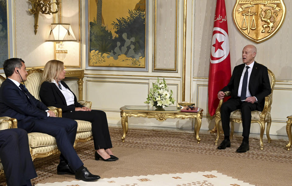 CORRECTS BYLINE Tunisian President Kais Saied, right, welcomes French Interior Minister Gerald Darmanin, left, and German Interior Minister Nancy Faeser to the presidential palace in Carthage, Tunisia, Monday June 19, 2023. (Slim Abid/Tunisian Presidential Palace via AP)