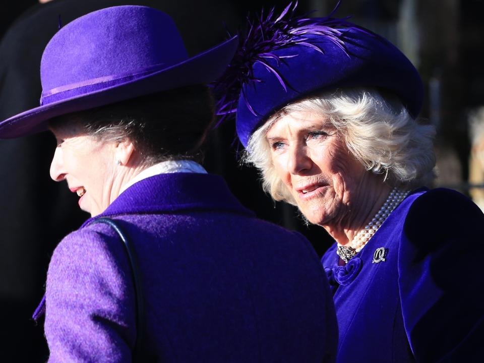 Princess Anne, Princess Royal and Camilla, Duchess of Cornwall attend the Christmas Day Church service at Church of St Mary Magdalene on the Sandringham estate on December 25, 2019 in King's Lynn, United Kingdom