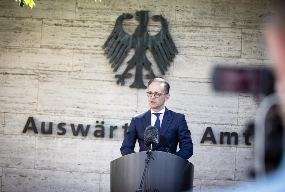 BERLIN, GERMANY - JUNE 03: German Foreign Minister Heiko Maas speaks to the press about travel restrictions in Europe in front of the Federal Foreign Office on June 03, 2020 in Berlin, Germany. (Photo by Thomas Koehler/Photothek via Getty Images)