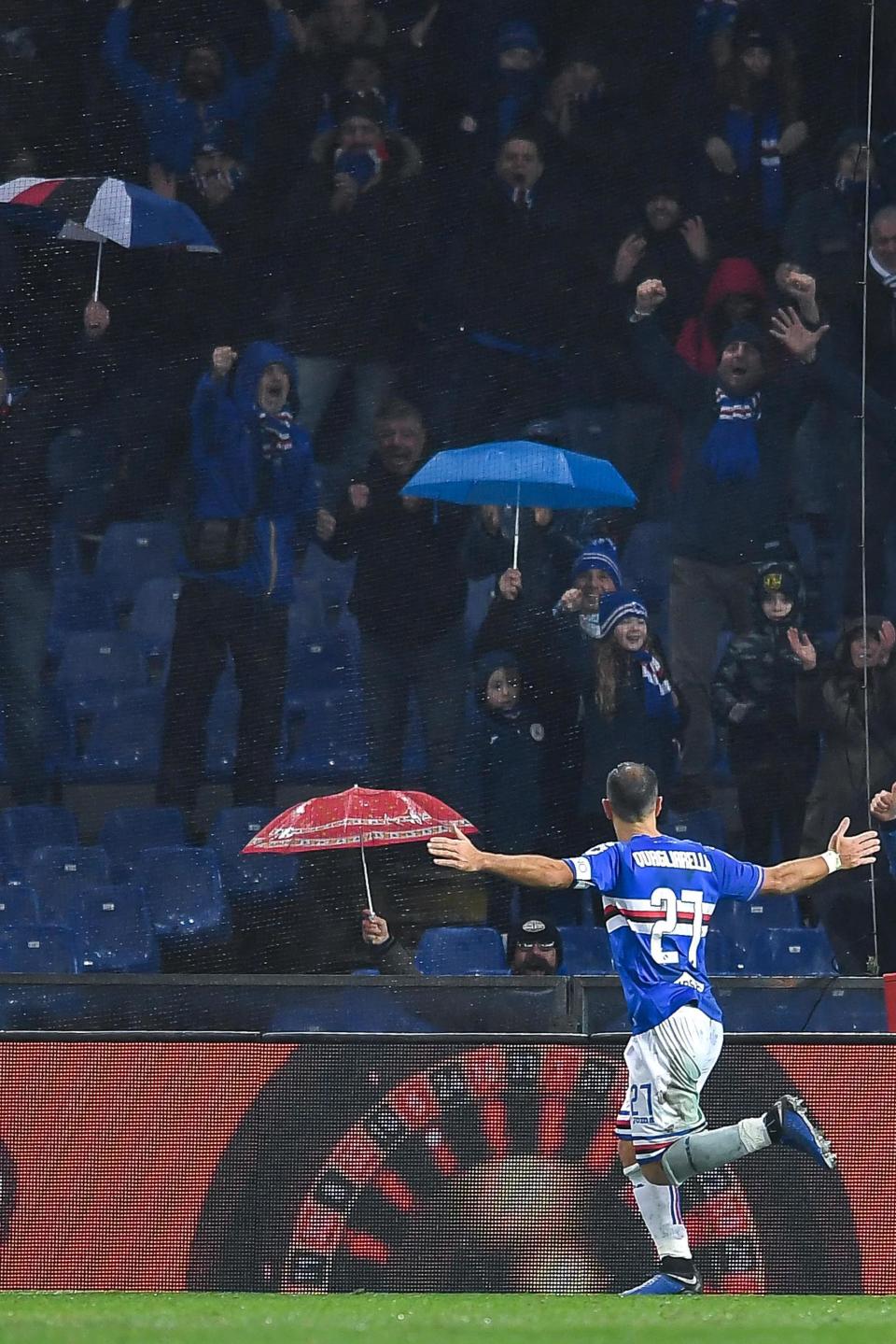 Sampdoria's Fabio Quagliarella celebrates in front of his fans after scoring his team's second goal during the Italian Serie A soccer match between Sampdoria and Parma at the Luigi Ferraris stadium in Genoa, Italy, Sunday, Dec. 16, 2018. (Simone Arveda/ANSA via AP)