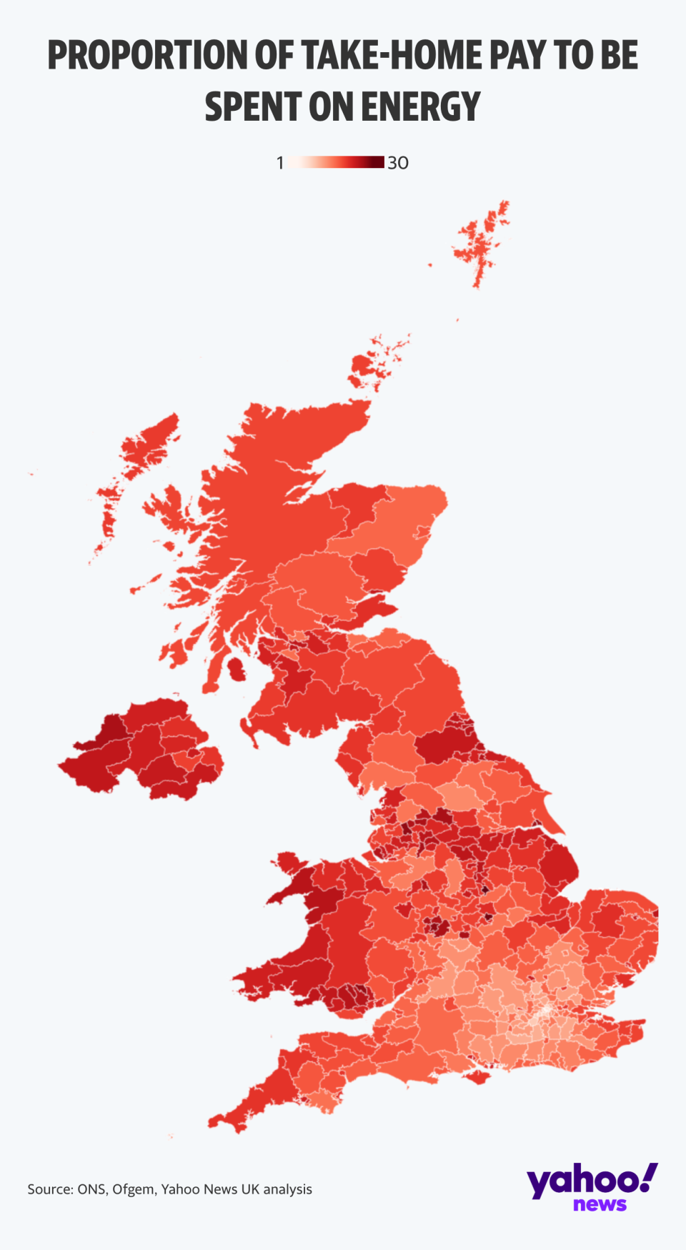 The lighter shades of this map show the areas where households will spend less of their income on energy bills. (Yahoo News UK)