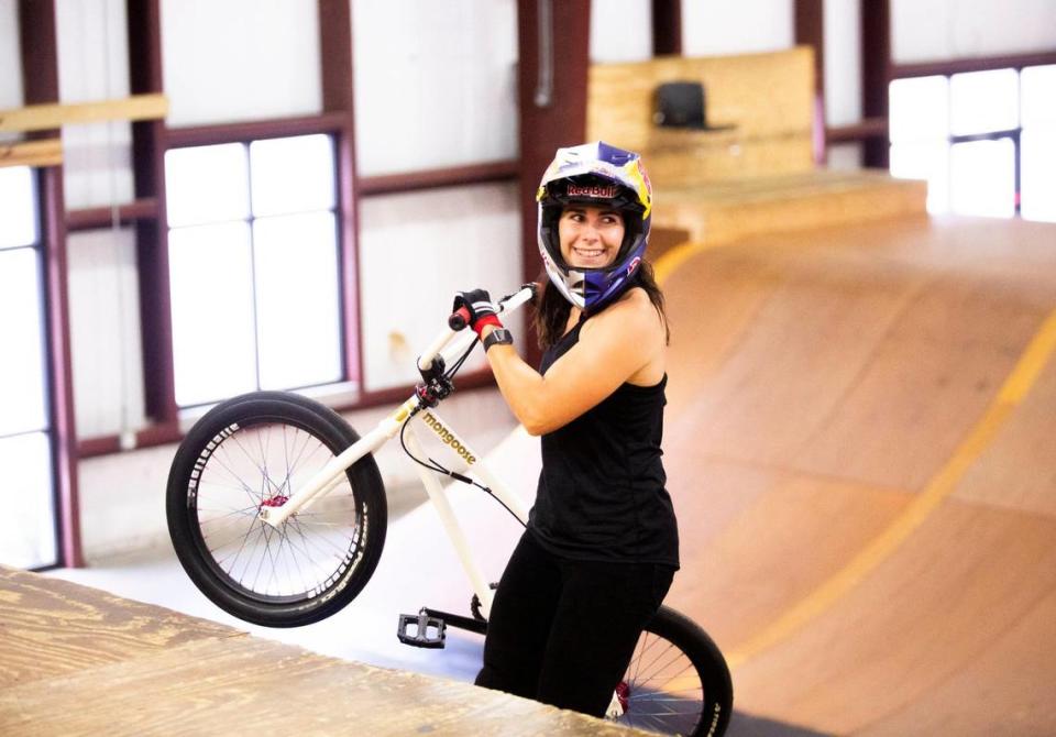 BMX rider Nikita Ducarroz trains for the Tokyo Olympics at the Daniel Dhers Action Sports Complex, on Tuesday, July 13, 2021, in Holly Springs, N.C.