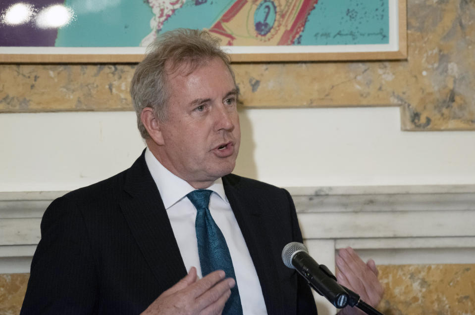 FILE - In this Friday, Oct. 20, 2017, file photo, British Ambassador Kim Darroch hosts a National Economists Club event at the British Embassy in Washington. Britain's ambassador to the United States resigned Wednesday, July 10, 2019, just days after diplomatic cables criticizing President Donald Trump caused embarrassment to two countries that often celebrate having a "special relationship." The resignation of Kim Darroch came a day after Trump lashed out at him on Twitter describing him as "wacky" and a "pompous fool" after leaked documents revealed the envoy's dim view of Trump's administration. (AP Photo/Sait Serkan Gurbuz, FIle)
