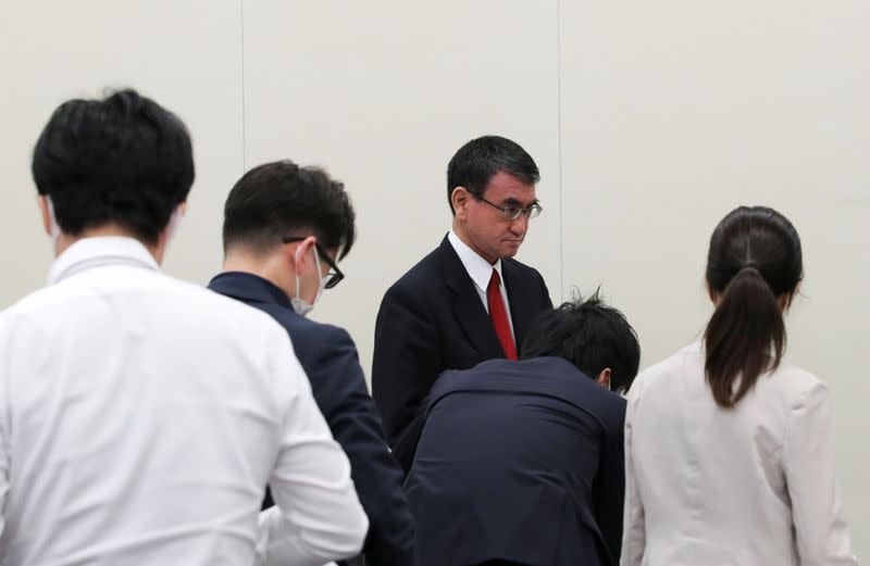 Japan's Vaccine Minister Taro Kono attends a group interview in Tokyo