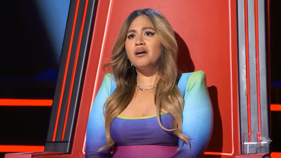 Jessica Mauboy looking shocked on The Voice