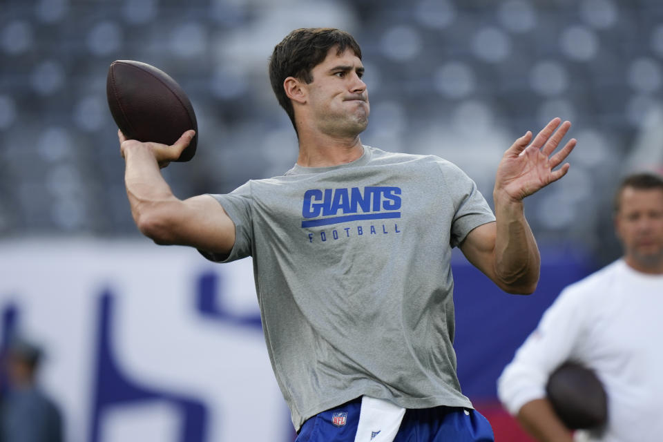 New York Giants quarterback Daniel Jones throws before an NFL preseason football game against the Carolina Panthers, Friday, Aug. 18, 2023, in East Rutherford, N.J. (AP Photo/Bryan Woolston)