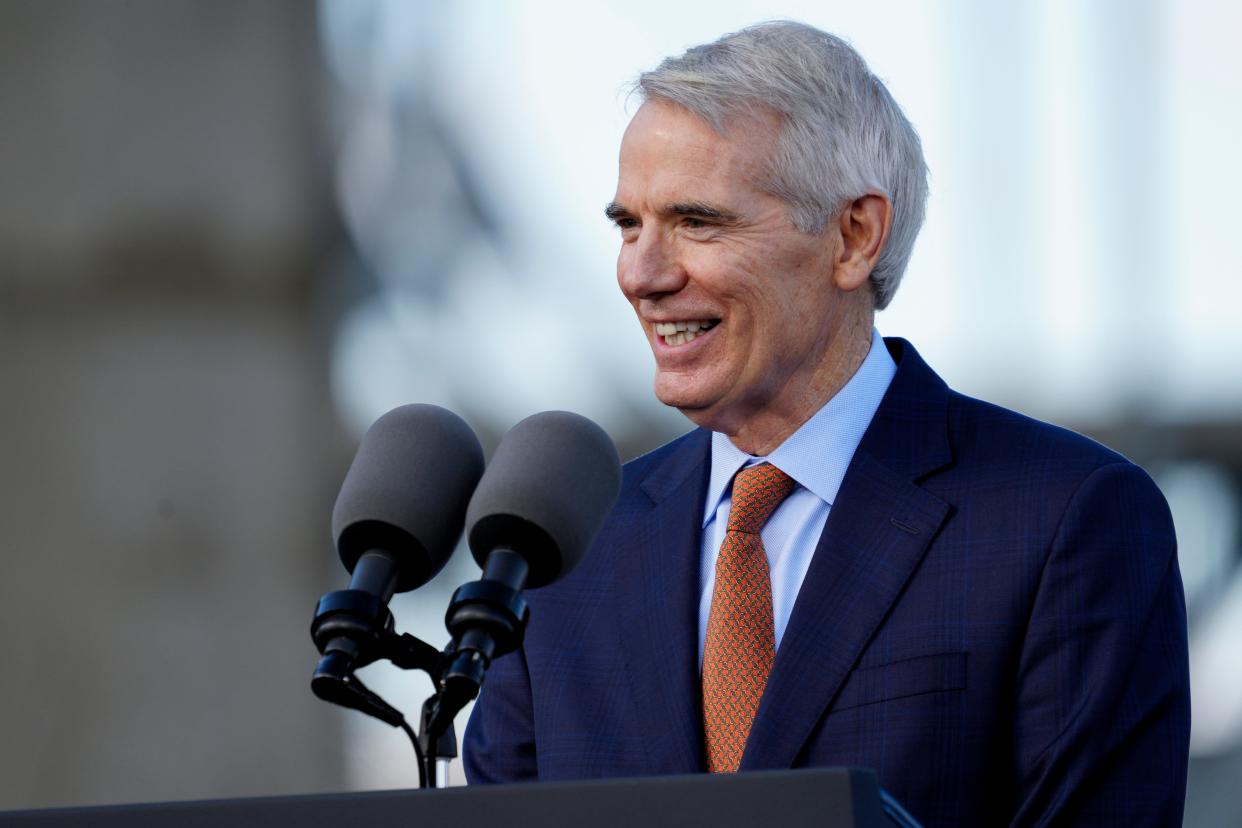 Former Ohio Sen. Rob Portman about the bipartisan infrastructure law on the banks of the Ohio River in Covington in 2023.