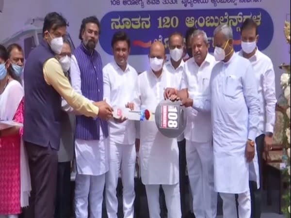 Karnataka Chief Minister Basavraj Bommai inaugurating ambulances at Vidhana Soudha, Bangalore on Sunday. (Photo/ANI)