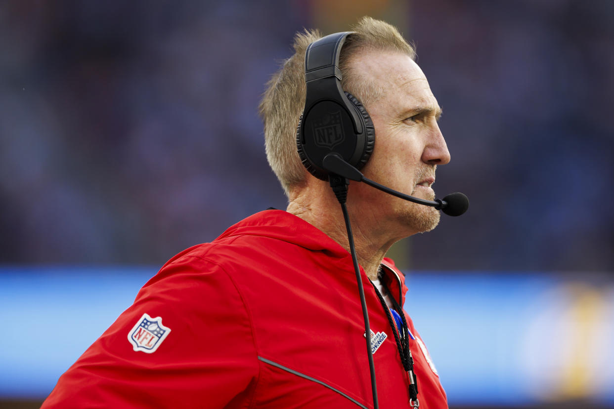 INGLEWOOD, CALIFORNIA - JANUARY 07: Steve Spagnuolo of the Kansas City Chiefs looks on from the sideline during an NFL football game against the Los Angeles Chargers at SoFi Stadium on January 7, 2024 in Inglewood, California. (Photo by Ryan Kang/Getty Images)