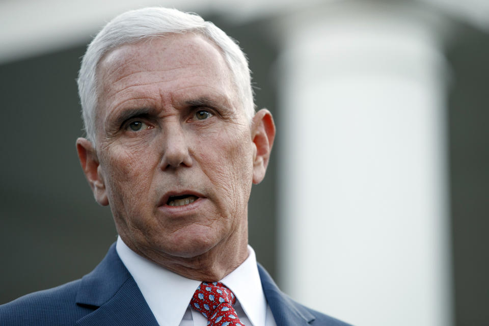 Vice President Mike Pence speaks to reporters outside the West Wing of the White House, Monday, Oct. 14, 2019, in Washington. The U.S. is calling for an immediate ceasefire in Turkey's strikes against Kurds in Syria, and is sending Pence to lead mediation effort (AP Photo/Jacquelyn Martin)