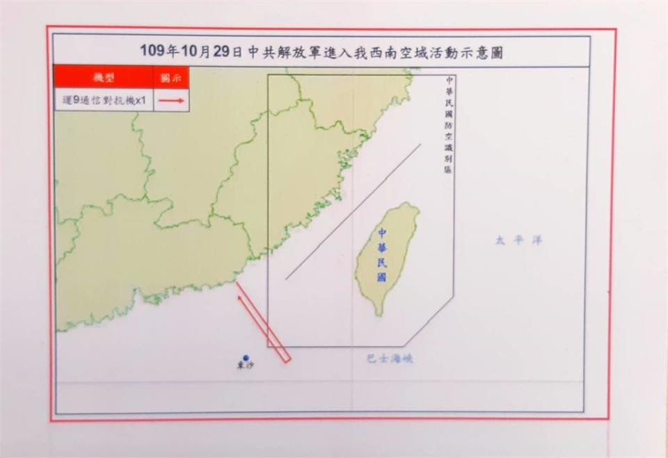 1架運9通信對抗機29日進入我西南空域，空軍派遣空中巡邏兵力應對、廣播驅離、防空飛彈追監。（圖／翻攝自www.mnd.gov.tw網頁）