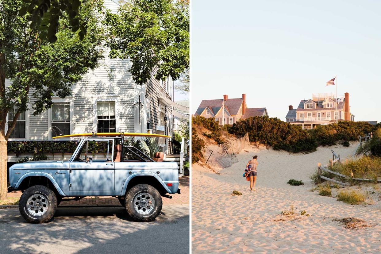 Two photos from Nantucket, one showing a Bronco car with a surfboard on top, and one showing a woman walking by beach dunes