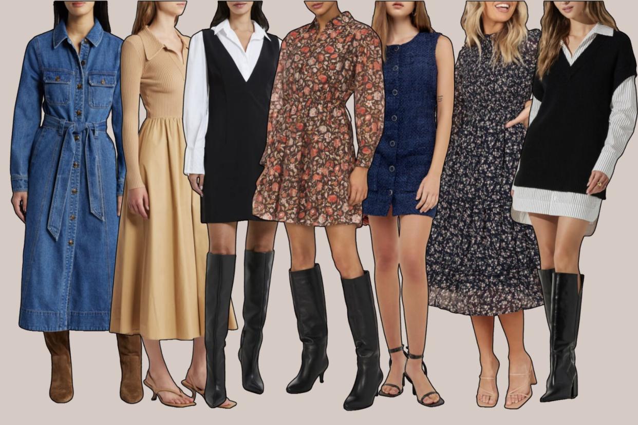 seven models wearing different Nordstrom dresses for fall