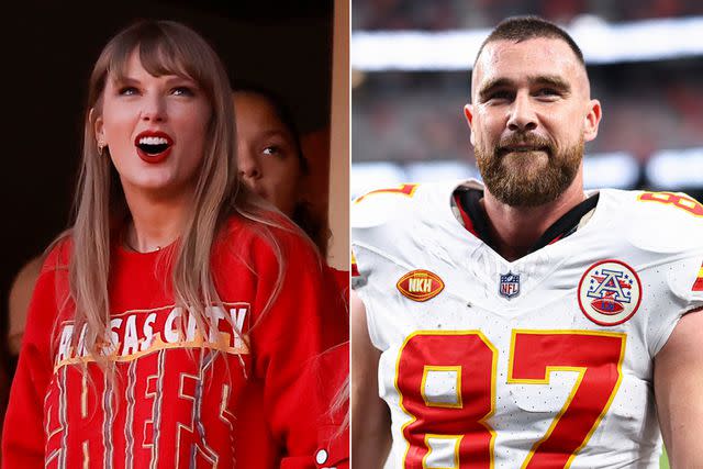 <p>David Eulitt/Getty Images; David Gray/Kansas City Chiefs via AP</p> Taylor Swift; Travis Kelce