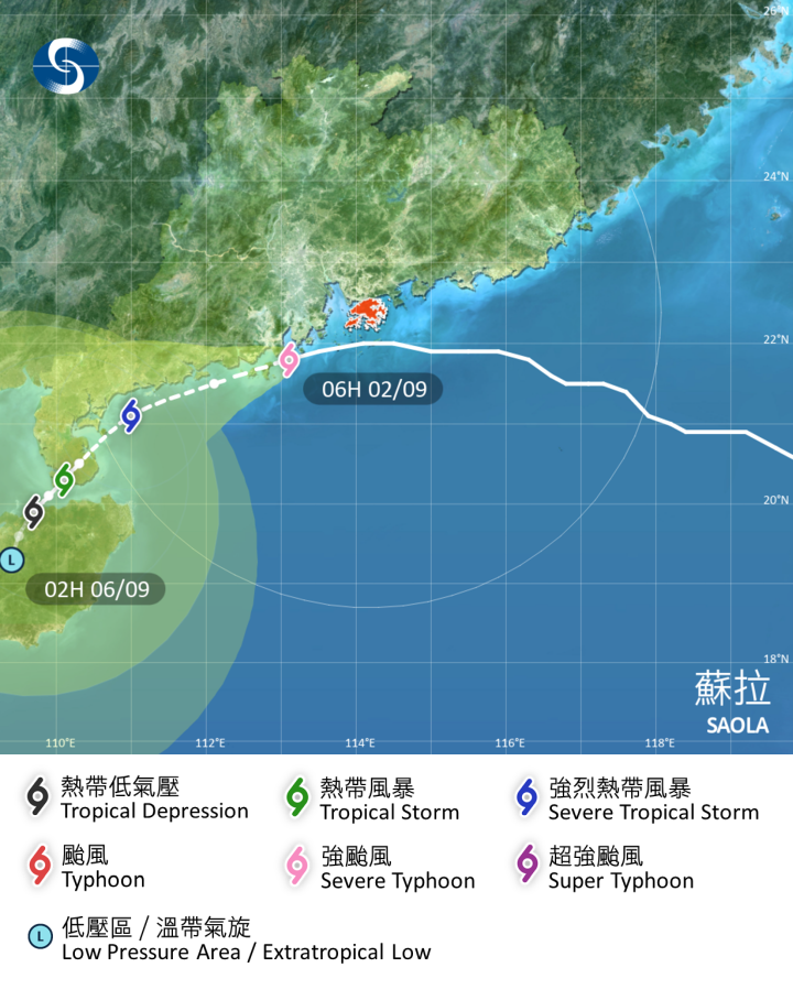 強颱風 蘇拉 在香港時間 2023 年 09 月 02 日 06 時的最新資料。蘇拉集結在北緯 21.8 度，東經 113.1 度附近，即香港之西南偏南約 120 公里，中心附近最高持續風速每小時 155 公里。