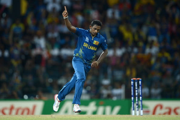 COLOMBO, SRI LANKA - OCTOBER 07: Ajantha Mendis of Sri Lanka celebrates dismissing Kieron Pollard of the West Indies during the ICC World Twenty20 2012 Final between Sri Lanka and the West Indies at R. Premadasa Stadium on October 7, 2012 in Colombo, Sri Lanka. (Photo by Gareth Copley/Getty Images)