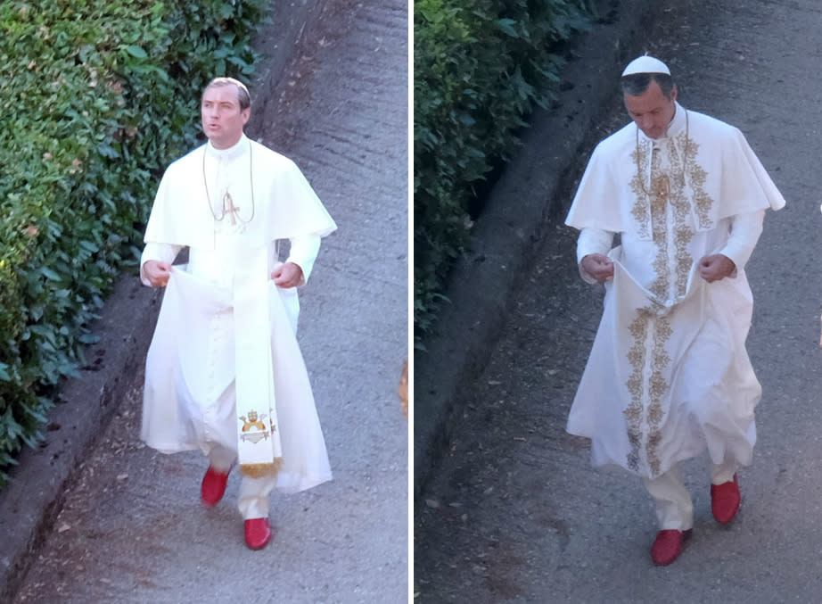 ¡Irreconocible! Así hemos visto a Jude Law por los jardines de Villa Medici en Roma durante el rodaje de la serie ‘The Young Pope’ (HBO, 2016), que se ha iniciado esta misma semana. Se trata de una producción conjunta entre la HBO, Sky y Canal + que llegará a la pequeña pantalla el próximo año. (Foto de Cordon).