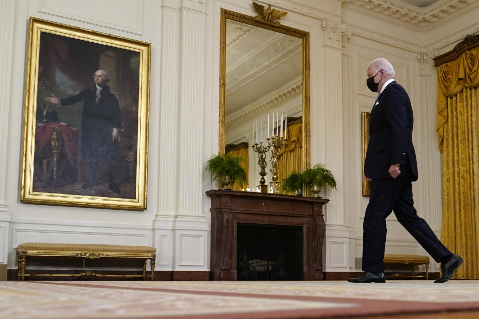 President Joe Biden arrives in the East Room of the White House to speak about vaccine requirements for federal workers in Washington, Thursday, July 29, 2021. (AP Photo/Susan Walsh)