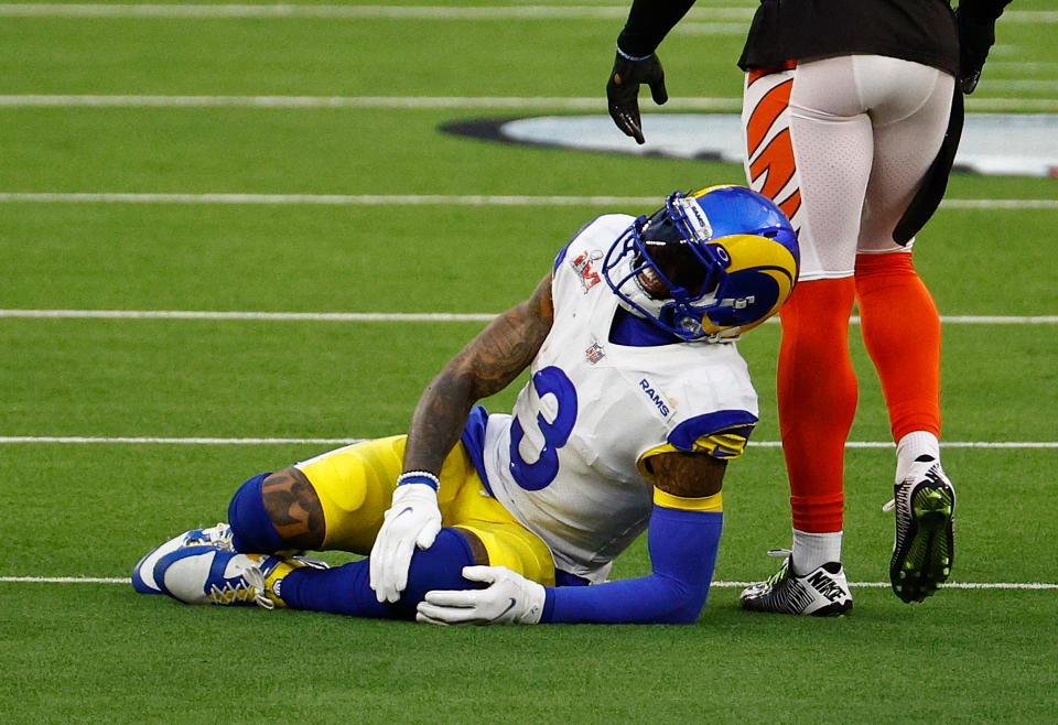 Odell Beckham Jr. hurt his knee in the second quarter of Super Bowl LVI. (Photo by Ronald Martinez/Getty Images)