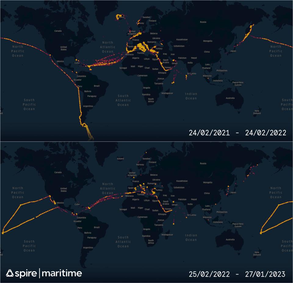 A heat map showing Russian oligarch yacht traffic across the world before and after the invasion of Ukraine.