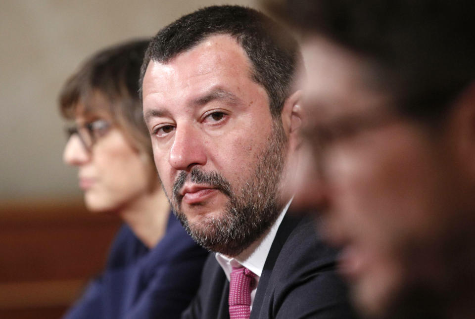 Italian Deputy Premier and Interior Minister Matteo Salvini meets the press at the Senate in Rome, Friday, March 8, 2019. Italy's coalition government is fraying over the stalled high-speed rail line to France. While the League insists it go ahead, the 5-Star Movement is refusing to fund the next phase until the whole deal is renegotiated. Five-Star leader Luigi Di Maio warned Friday it would be ridiculous for the government to fall over the dispute, as he rebuked fellow deputy premier and League leader Matteo Salvini. (Giuseppe Lami/ANSA via AP)