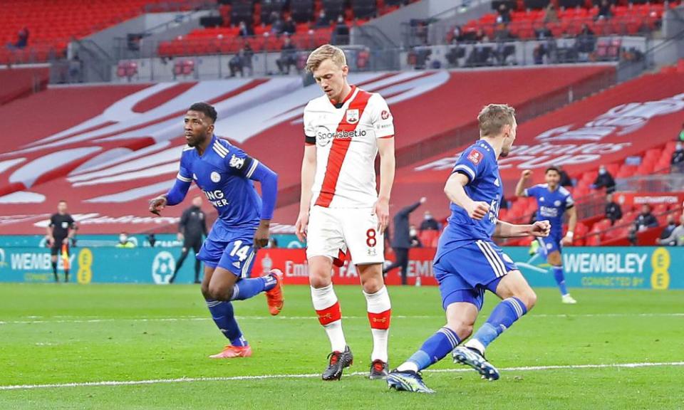 Southampton’s James Ward-Prowse looks dejected after Leicester’s Kelechi Iheanacho (left) celebrates scoring in the FA Cup semi-final earlier this month.