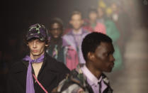 Models wear creations part of the MSGM men's Fall-Winter 2020/21 collection, that was presented during the fashion week, in Milan, Italy, Sunday, Jan. 12, 2020. (AP Photo/Luca Bruno)