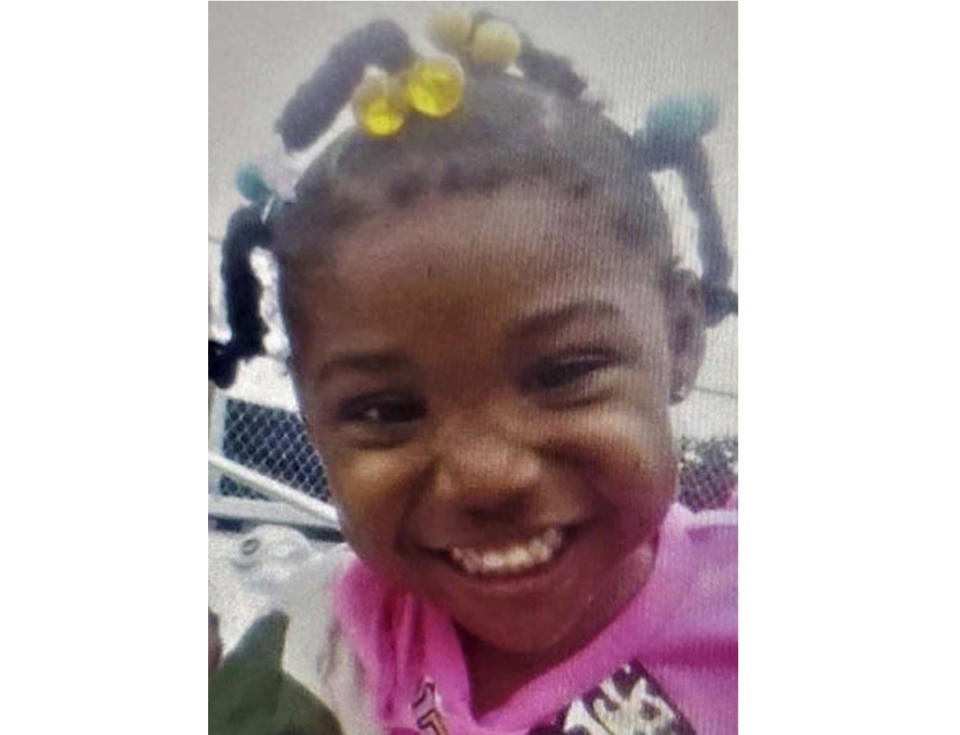 FILE - This undated file photo released by the FBI shows 3-year-old Kamille McKinney, who police say has been missing since she was abducted while attending a birthday party on Saturday, Oct. 12, 2019, in Birmingham, Ala. Investigators searching through garbage found the body of McKinney, who was missing more than a week, and authorities are charging two people with murder, police said Tuesday, Oct. 22. (FBI via AP, File)