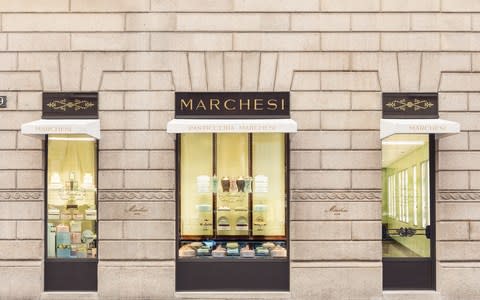 The window of the Marchesi Monte Napoleone, one of three pastry shops in Milan - Credit: Prada