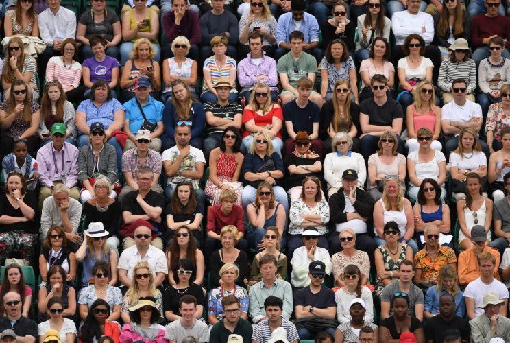 <p>Supporters look on as Venus Williams of The United States faces Maria Sakkari of Greece in the Ladies Singles second round match on day four of the Wimbledon Lawn Tennis Championships at the All England Lawn Tennis and Croquet Club on June 30, 2016 in London, England. (Photo by Shaun Botterill/Getty Images)</p>