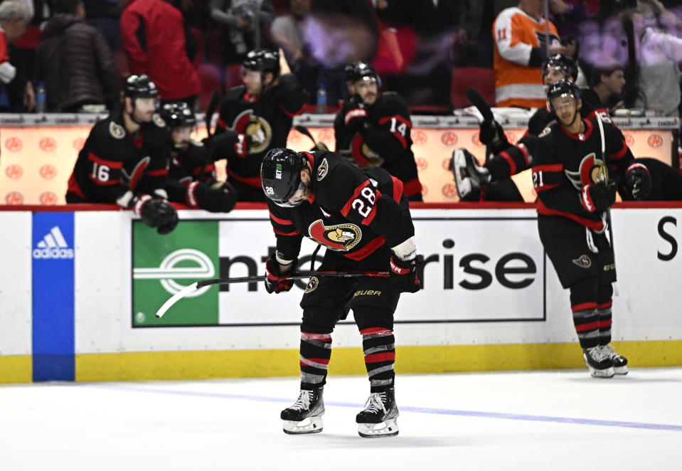 Ottawa Senators right wing Claude Giroux (28) skates with his head down after the team's loss to the Philadelphia Flyers after an NHL hockey game, Saturday, Nov. 5, 2022 in Ottawa, Ontario. (Justin Tang/The Canadian Press via AP)