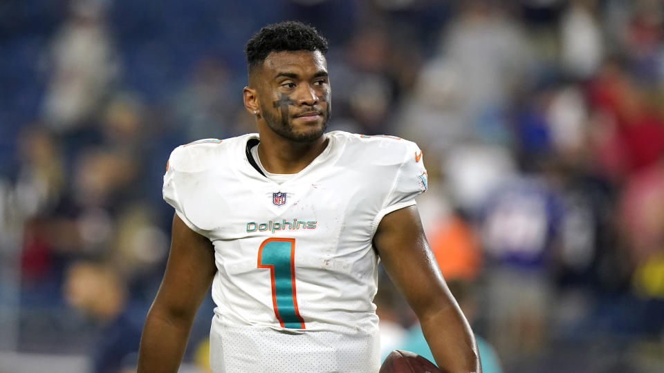 Miami Dolphins quarterback Tua Tagovailoa following an NFL football game against the New England Patriots, Sunday, Sept. 12, 2021, in Foxborough, Mass. (AP Photo/Steven Senne)