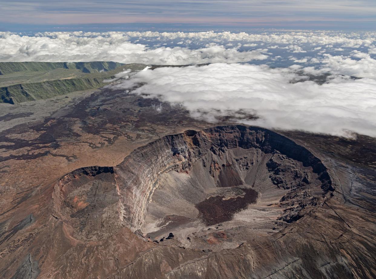 Aerial view of the volcano Piton de la Fournaise at island La Reunion