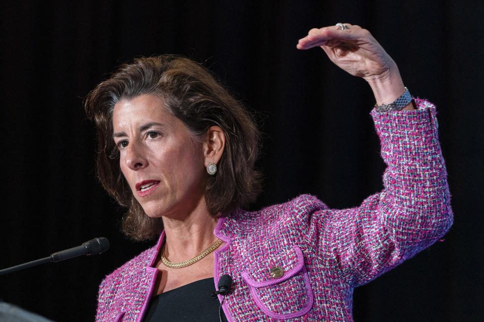 In this Tuesday, Sept. 28, 2021, photo Commerce Secretary Gina Raimondo speaks at The Economic Club of Washington. As President Joe Biden's de facto tech minister, Raimondo is tasked with ensuring the United States will be the world leader in computer chips. The lowly computer chip has become the essential ingredient for autos, medical devices, computers, phones, toys, thermostats, washing machines, weapons, LED bulbs, and even some watches. But there is a global shortage, creating a drag on growth and fueling inflation on the cusp of the 2022 elections. (AP Photo/Alex Brandon)