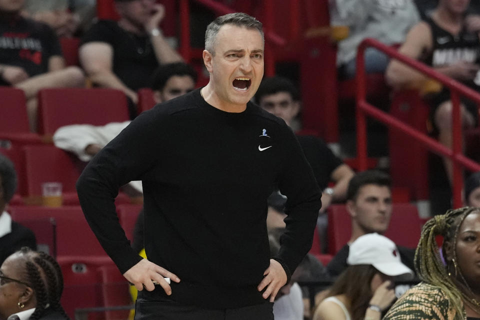 Toronto Raptors head coach Darko Rajakovic reacts during the first half of an NBA basketball game against the Miami Heat, Friday, April 12, 2024, in Miami. (AP Photo/Marta Lavandier)