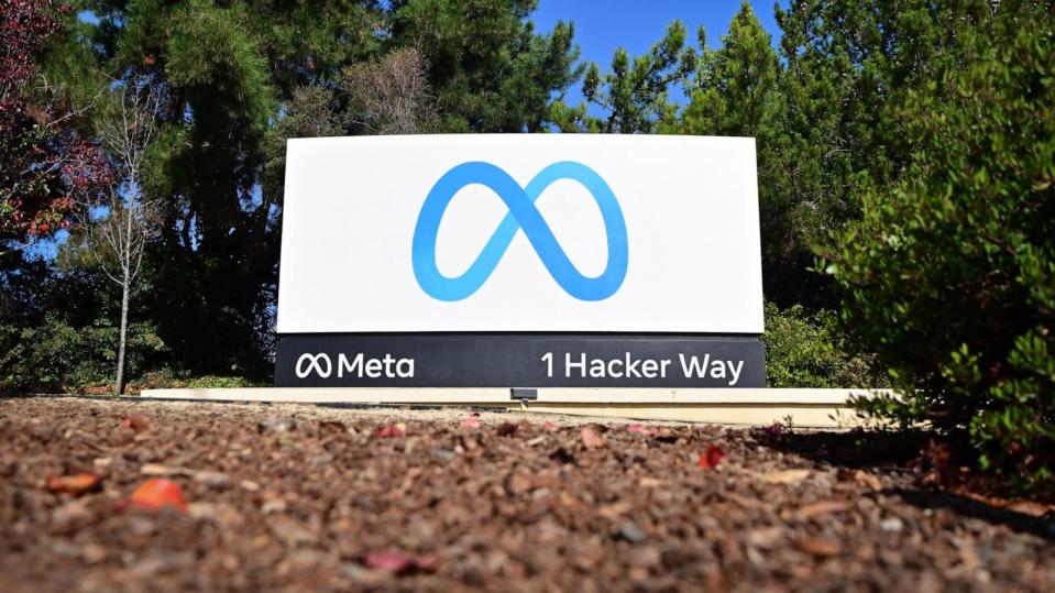 PHOTO:The Meta (formerly Facebook) logo marks the entrance of their corporate headquarters in Menlo Park, Calif., Nov. 9, 2022.  (Josh Edelson/AFP via Getty Images, FILE)