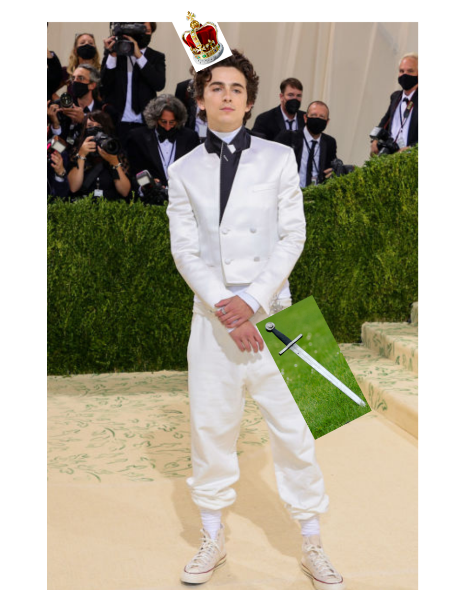 Timmy on the red carpet with photos of a crown and sword superimposed over his photo