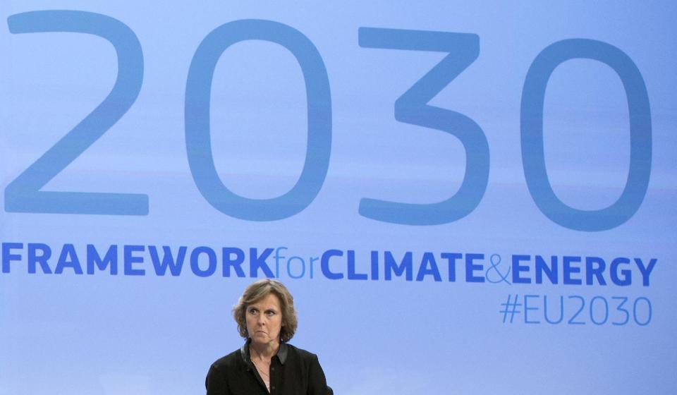 European Union Commissioner for Climate Action Connie Hedegaard, from Denmark, listens to questions from journalists during a media conference at EU headquarters in Brussels on Wednesday, Jan. 22, 2014. The European Commission on Wednesday proposed a framework for climate and energy policies beyond 2020 and up to 2030. (AP Photo/Virginia Mayo)