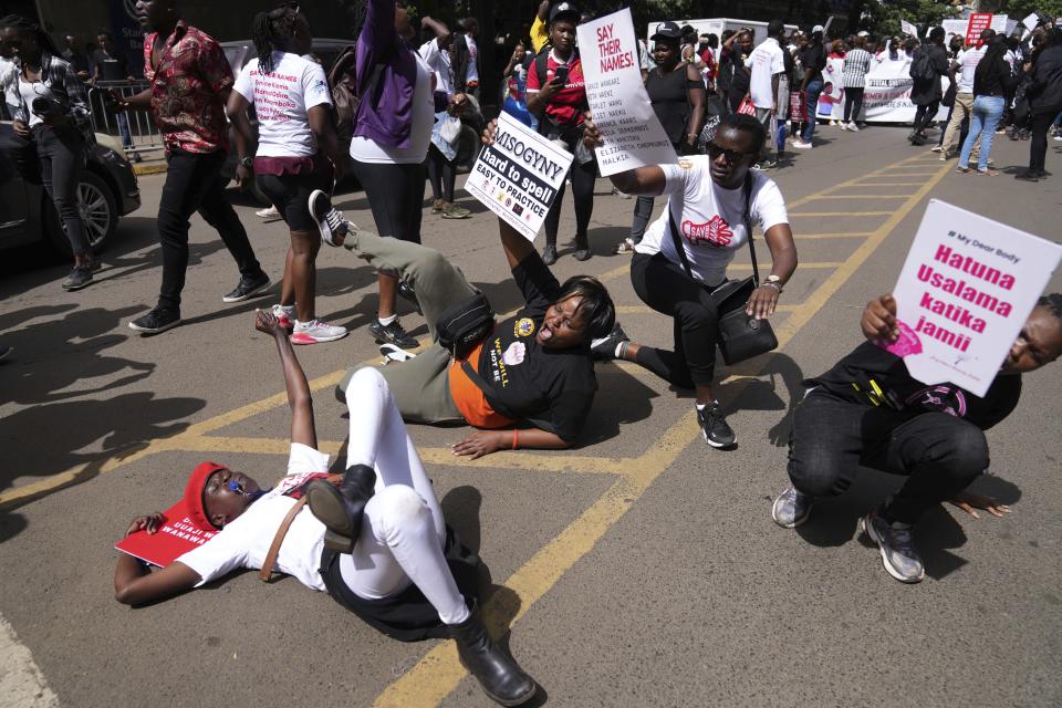 Women and feminists in Kenya react against the rising cases of femicide, in downtown Nairobi, Kenya Saturday, Jan. 27, 2024. Thousands of people marched in cities and towns in Kenya during protests Saturday over the recent slayings of more than a dozen women. The anti-femicide demonstration was the largest event ever held in the country against sexual and gender-based violence. (AP Photo/Brian Inganga)