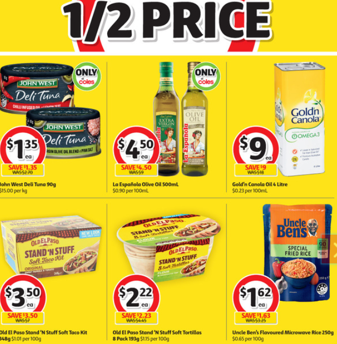 Groceries at Coles selling for half-price this week.