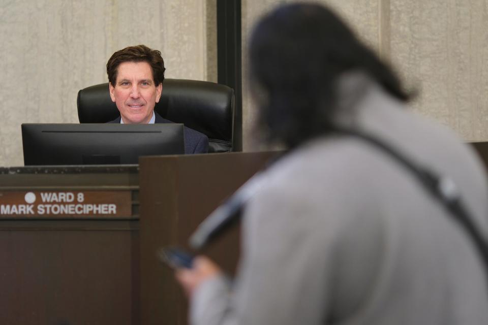 Oklahoma City Councilman Mark Stonecipher listens to Tas Al Michael on Tuesday at the Oklahoma City Council meeting.