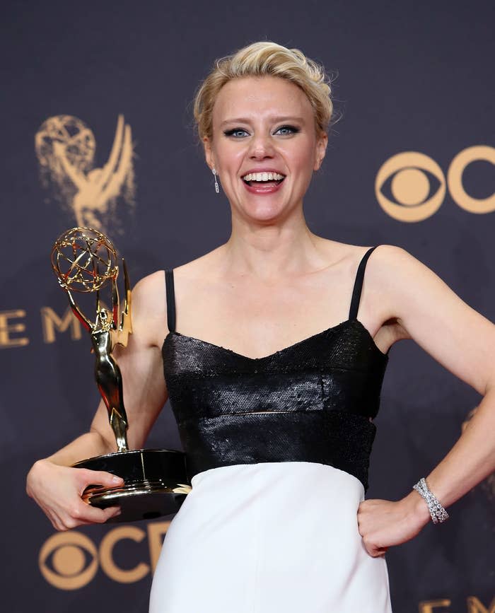 Kate McKinnon holding her Emmy Award for her performance on "Saturday Night Live"