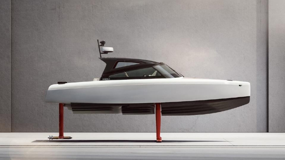 Candela’s electric foiling boat will be on display at CES. “Under its carbon-fiber skin, it’s actually a robot,” says a company rep about the new technology.