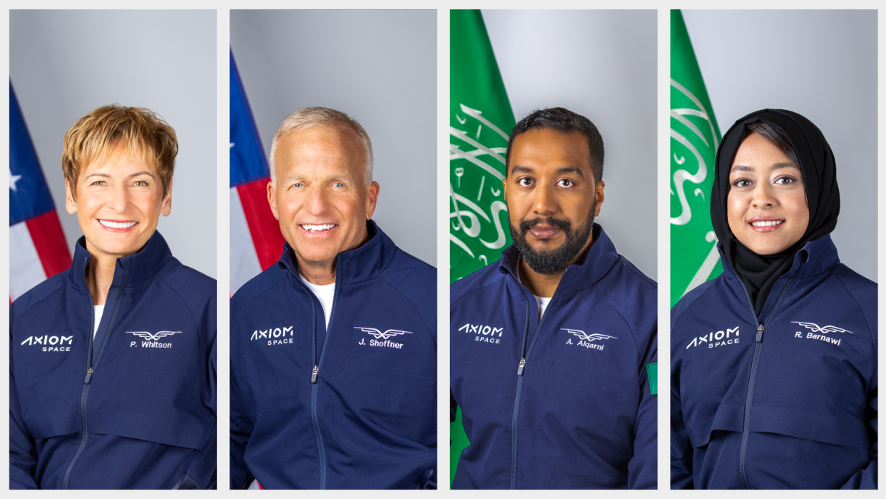  Members of Axiom SpaceX's Ax-2 mission to the International Space Station, from left to right: Commander Peggy Whitson, Pilot John Shoffner, and Mission Specialists Ali Alqarni and Rayyanah Barnawi. 